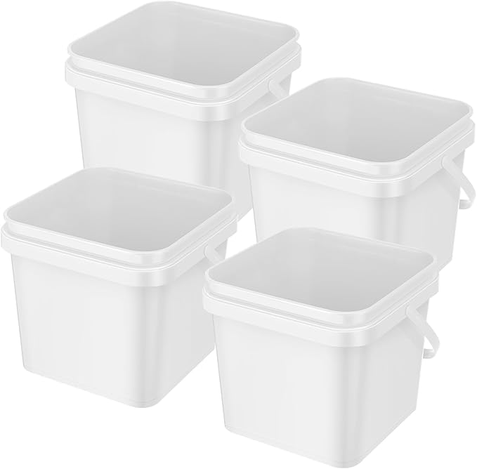 4 Pcs Plastic Bucket 5 Quart Square Bucket Utility Small Pail with Handle Sturdy Pail Organizer for House Cleaning Storage Livestock Feeding Car Washing Food Storage, No Lids(White)