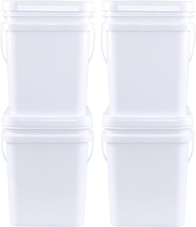 Zopnny 4 Pcs 5 Gallon Square Bucket, White Plastic Buckets with Handles, Snap Food Container Pail with Airtight Lid