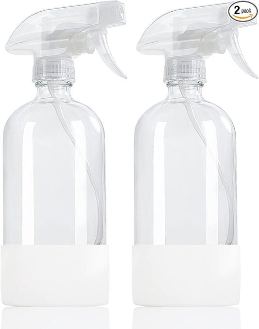 HOMBYS 16 Oz Clear Glass Spray Bottles with Silicone Sleeve,Empty Boston Bottle Spray Bottle with Adjustable Nozzle,Refillable Container for Cleaning, Essential Oils, Hair, Plants