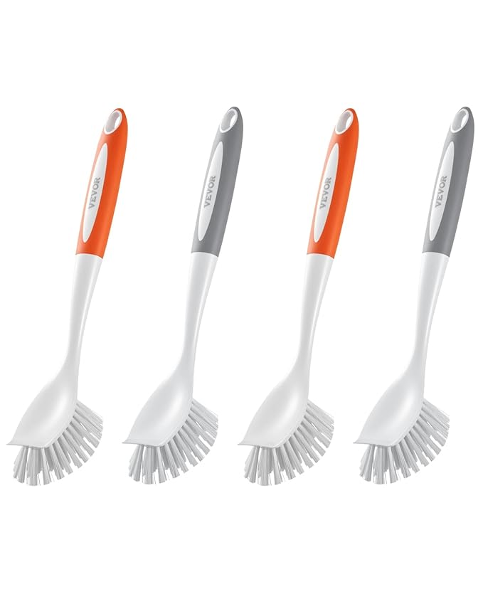 VEVOR Dish Brush, 4 Pack Kitchen Scrub Brushes with PP Handle, Dish Cleaning Brushes with Curved Bristles, Ideal for Pots, Pans, Sink and Stove, 2 Gray + 2 Orange