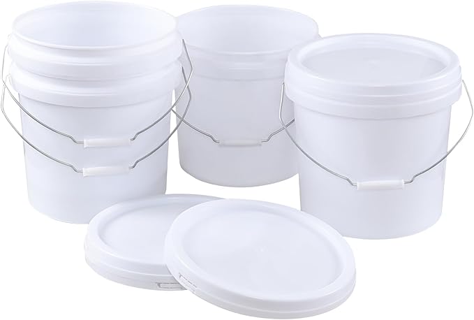 4-Gallon White Bucket Pail Container with Lid, Food Grade All Purpose Pail Built-in Handle, 4 Packs