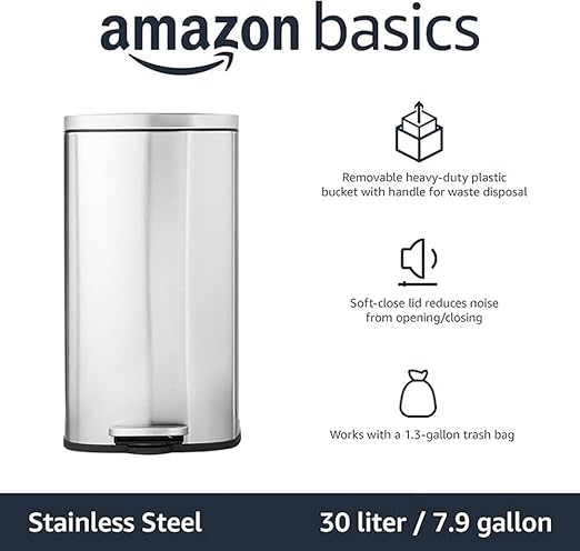 Amazon Basics Smudge Resistant Rectangular Trash Can With Soft-Close Foot Pedal, Brushed Stainless Steel, 30 litre/7.9 Gallon, Satin Nickel Finish, 13.8"L x 11.8"W x 25"H