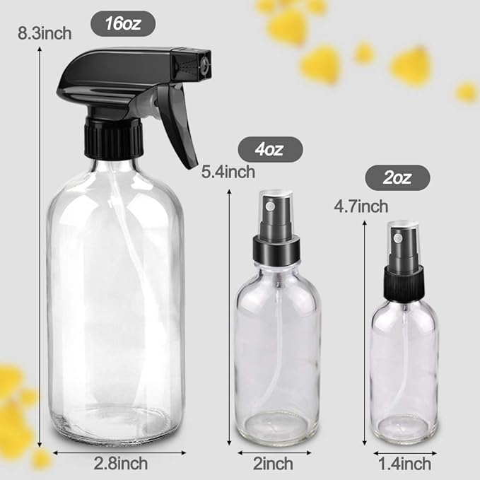 Glass Spray Bottles, 16oz*2+4oz*2+2oz*4 Refillable Containers, Empty Boston Round Bottles with Adjustable Nozzle for Cleaning, Gardening, Aromatherapy, Pets, Plant, Hair - Clear