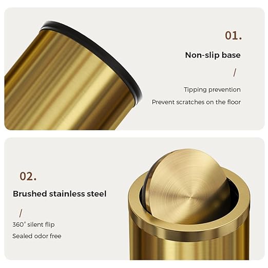 18L/4.7GAL Gold Bathroom Trash Can with Lid,Brass Garbage Can with Flipping Lid,Brushed Stainless Steel for Bedroom,Living Room,Office,Guest Room (4.7gal-Gold)