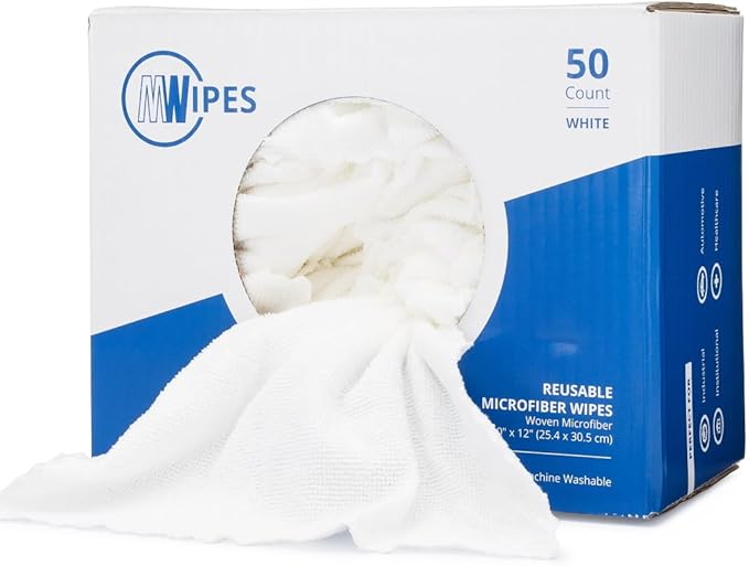 Microfiber Rags in A Box (400 Count) - Mwipes - 10" x 12" Reusable Wipes for Cleaning - Edgeless Terry Towels, Shop Rags, Wash, Dust, Disposable, House, Small Cleaning Cloths (White)