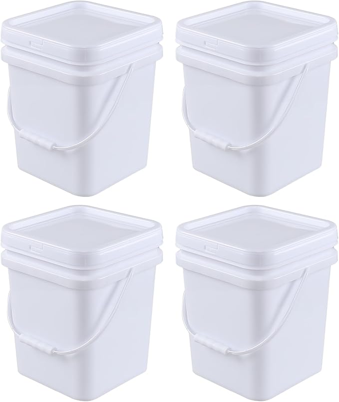 5 Gallon Square Plastic Food Bucket with Handles, 4 Pack Storage Container Pails with Lid, White
