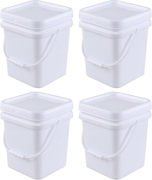 5 Gallon Square Plastic Food Bucket with Handles, 4 Pack Storage Container Pails with Lid, White