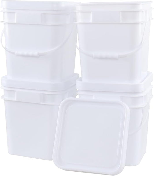4 Pcs 5 Gallon Plastic Bucket with Airtight Lid, Square Food Plastic Bucket Pail, Heavy Duty Reusable Water Bucket with Handle