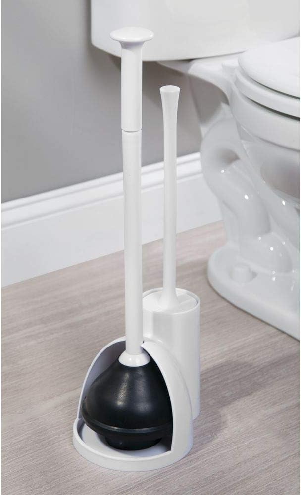 mDesign Hidden Plunger and Brush Set for Toilet Bowl - Combo with Holder Caddy - Modern Toilet Brush and Plunger Set - Aura Collection - White
