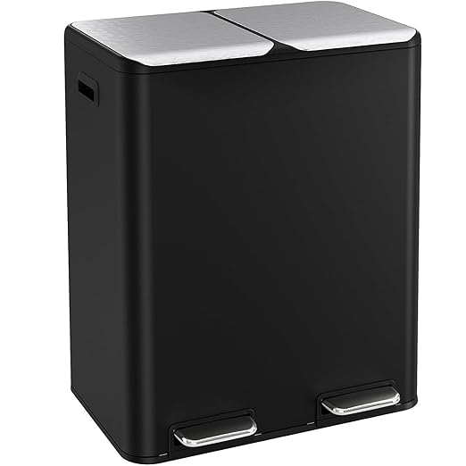 16 Gal (2 x 30 L) Dual Trash Can, Stainless Steel Kitchen Garbage Bin, Recycle Dustbin with Odor Control Box, Soft-Close Lid, Inner Buckets, Side Handle, Step Pedal, for Home Office