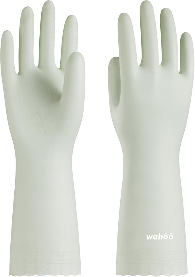 wahoo Skin-Friendly Cleaning Gloves, Reusable Dishwashing Gloves with Flocked Cotton Liner, Dishwashing, Kitchen, Canary Green, Large
