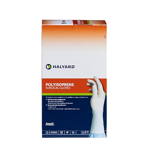 HALYARD Surgical Gloves Sterile Polyisoprene Individually Wrapped Pairs Powder Free Medical Disposable Gloves, 9.4 mil, Size 7.0 Medium, White, SGL95070 (Box of 50 Pairs - 100 Total)