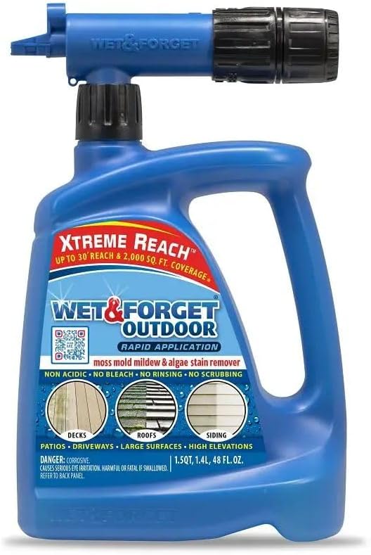Wet & Forget Outdoor Moss, Mold, Mildew, & Algae Stain Remover Multi-Surface Cleaner, Xtreme Reach Hose End with New & Improved Nozzle, 48 Fluid Ounces
