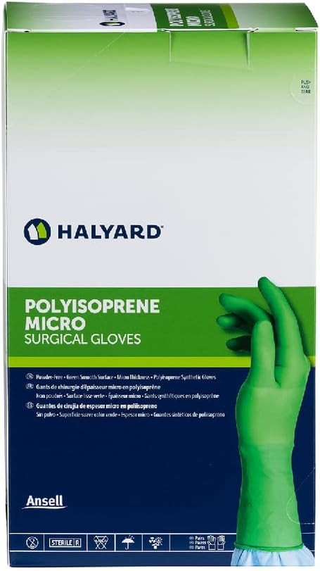 HALYARD Micro Surgical Gloves Sterile Polyisoprene Individually Wrapped Pairs Powder Free Medical Disposable Gloves, 7.9 mil, Size 9.0 XL, Green, SGL90090 (Box of 50 Pairs - 100 Total)
