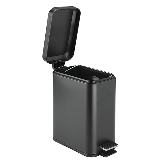 mDesign Small Modern 1.3 Gallon Rectangle Metal Lidded Step Trash Can, Compact Garbage Bin with Removable Liner Bucket and Handle for Bathroom, Kitchen, Craft Room, Office, Garage - Black