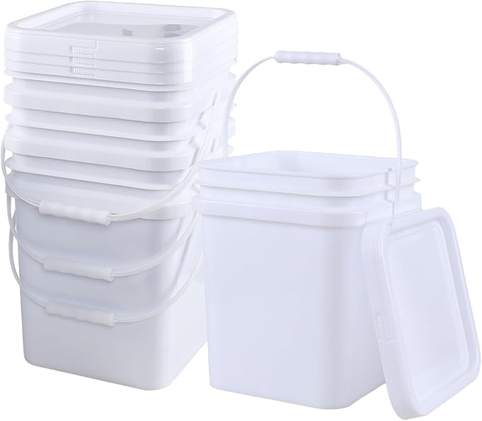 5 Gallon Square Plastic Food Bucket with Handles, 4 Pack Storage Container Pails with Lid, White