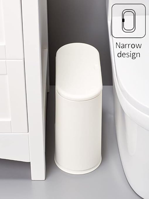 White Slim Rectangular Plastic Trash Can with Press Type Lid,12 Liter / 3.2 Gallon Narrow Trash Bin with Pop-up Lid for Toilet,Bedroom,Bathroom,Office,Kitchen,Powder Room