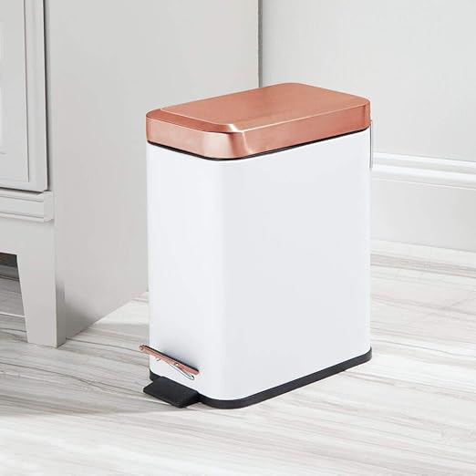 mDesign Small Modern 1.3 Gallon Rectangle Metal Lidded Step Trash Can, Compact Garbage Bin with Removable Liner Bucket and Handle for Bathroom, Kitchen, Craft Room, Office, Garage - White/Rose Gold