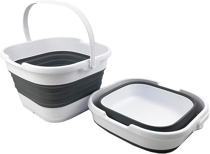 SAMMART 9.5L (2.5 Gallon) Collapsible Rectangular Handy Basket/Bucket (White/Steel Grey(Set of 2))