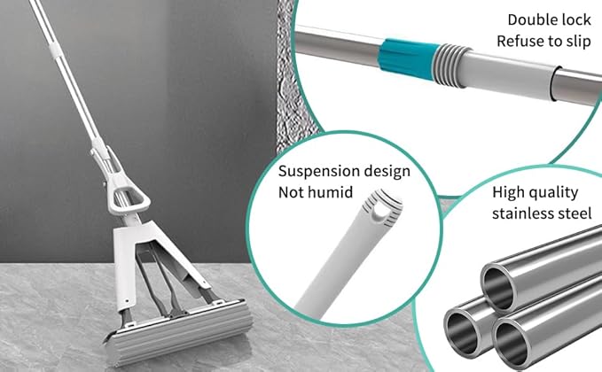Sponge Mop with Telescope Handle for Kitchen Bathroom Garage Floor Cleaning, Automatic Wringing for Tile Marble Wood Floors, 1 Extra Sponge Head