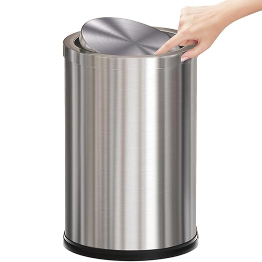 9L/2.4gallon Gold Bathroom Trash Can with Lid, Small Sliver Garbage Can, Single Layer Brushed Stainless Steel Swing Lid Trash Can for Bathroom, Toilet, Bedroom, Office, Living Room (Sliver)