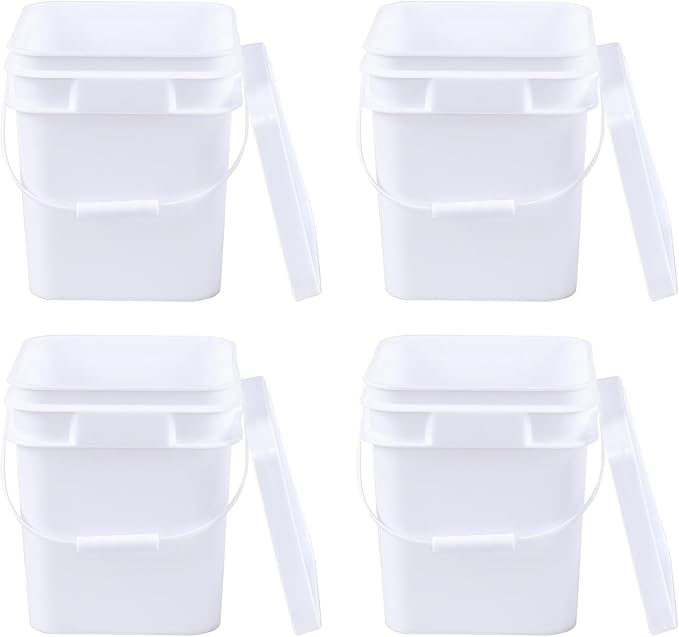 White Food Grade Bucket with Airtight Lids, Plastic Painting Can Square Oil Tub, 3 Gallon Plastic Bucket, All Purpose Pail with Handle (4 Pack)
