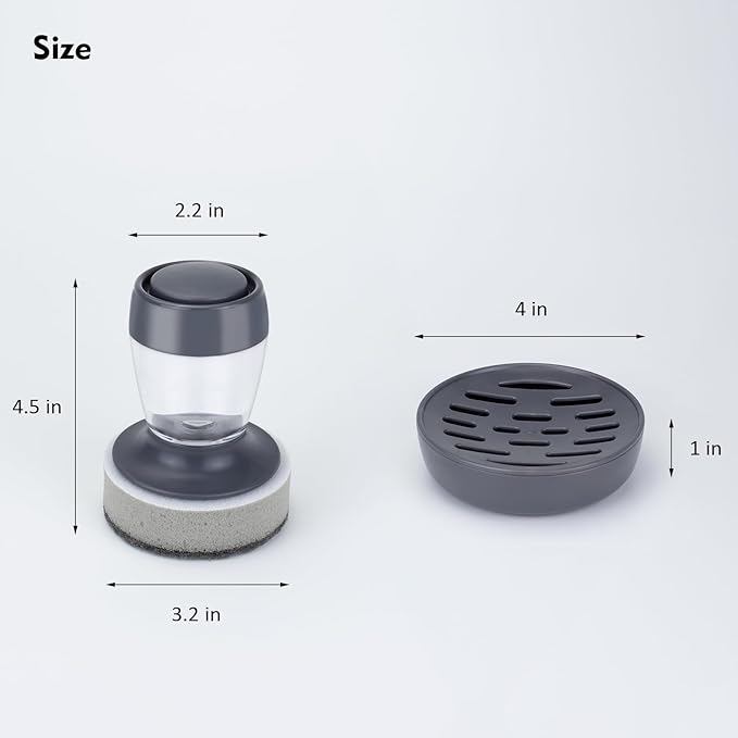 Dish Brush with Soap Dispenser, Kitchen Scrub Brush for Dishes Pots Pans Sink Cleaning, Scrub Sponge Dish Scrubber with Holder Set (Grey Handle & Scrub Sponge)