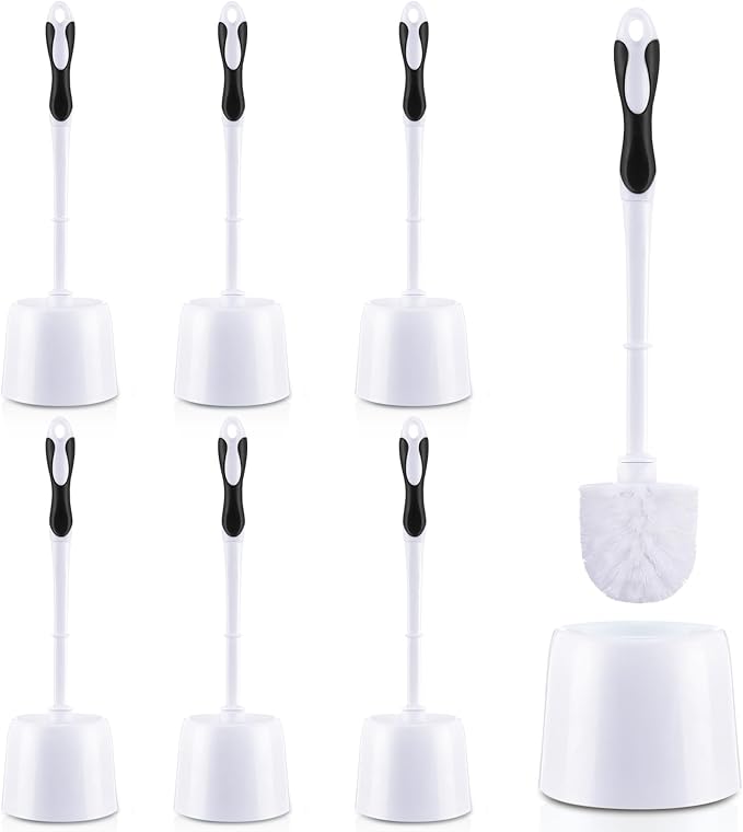 Tioncy 6 Pack 14.96 Inches Toilet Brush with Holder Toilet Bowl Brush and Caddy Set Stiff Bristles Scrubber for Bathroom Cleaning Supplies (Black,White)