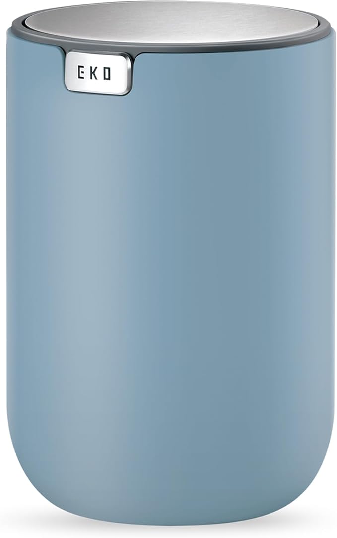 EKO Mini Desk Trash Can with Swing-Top Lid 0.4 Gallon Small Table Round Wastebasket for Office, Home, Car (Blue)