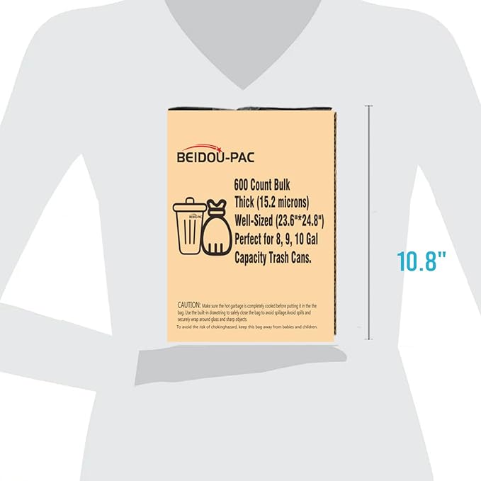 8-10 Gallon Trash Bags Drawstring, 600 Count Bulk, Black & Unscented Multi-purpose Garbage Bags for Business Home Bathroom Kitchen Commercial and Industrial