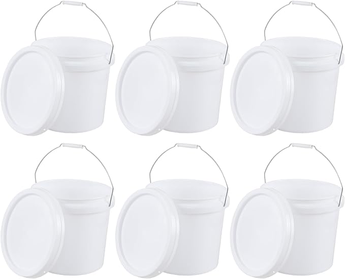 6 Pack 4 Gallon Plastic Storage Buckets Pails with Sealed Lids, Round Food Grade Buckets with Handle, White