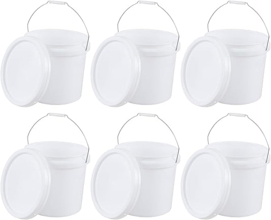 6 Pack 4 Gallon Plastic Storage Buckets Pails with Sealed Lids, Round Food Grade Buckets with Handle, White