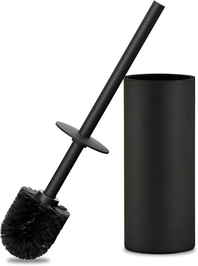 Toilet Brush and Holder Set, NEWRAIN 304 Stainless Steel Toilet Brush with Long Brush Handle, Matte Black Toilet Scrubber and Covered Holder, Round Design Sturdy and Space Saving, Covered Brush