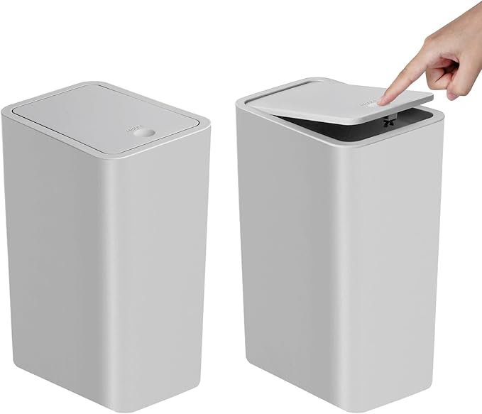 TIPGO Bathroom Trash Can with Lid, 10 Liter/ 2.6 Gallon Slim Garbage Can, Small Trash Bin Waste Basket with Pop-Up Lid for Kitchen, Bedroom, Living Room, Office (2 Pack, Grey)