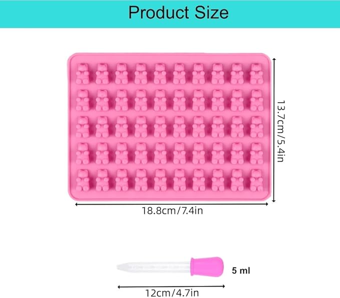 2 Piece Gummy Bear Silicone Molds, Non-Stick Chocolate Candy Mold with 2 Droppers Food Grade (Pink)