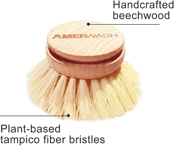 Classic Dish Brush Replacement Head 3 Packs, Natural Bristle Tampico Fiber for All Purpose Cleaning, Kitchen Scrubber