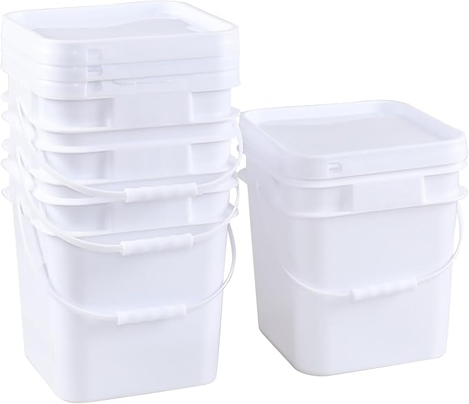 White Food Grade Bucket with Airtight Lids, Plastic Painting Can Square Oil Tub, 3 Gallon Plastic Bucket, All Purpose Pail with Handle (4 Pack)