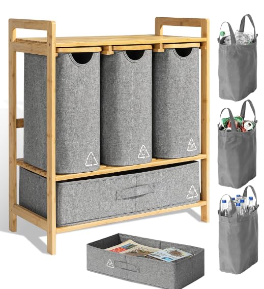 4 Section Recycling Bin for Kitchen – Trash and Recycle Bin Combo for Paper, Plastic, Cans – Indoor Recycling Station – Large Kitchen Trash Can – Office Trash and Recycle Bin Organizer