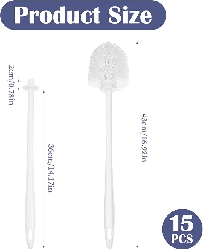 15 Pcs Toilet Brush 14 Inch Long Toilet Bowl Brush Handled Cleaning Scrubber with Hook Hole Commercial Heavy Duty Toliet Brushes for Bathroom Cleaning Supplies, White