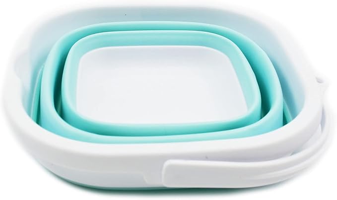 SAMMART 2.6L (0.68 Gallon) Super Mini Sqare Collapsible Plastic Bucket - Foldable Square Tub - Portable Fishing Water Pail - Space Saving Outdoor Waterpot (1, White/Lake Green)