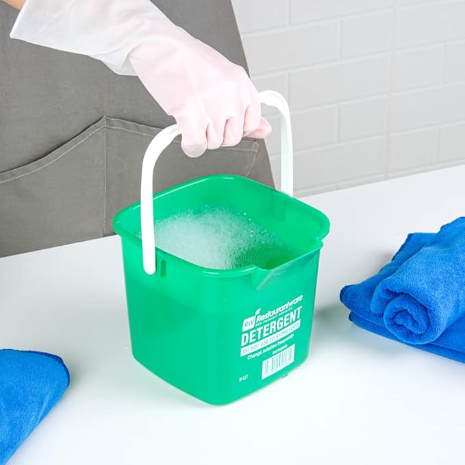 Restaurantware RW Clean 3 Quart Cleaning Buckets 10 Detergent Square Buckets - With Measurements Built-In Spout And Handle Green Plastic Utility Buckets For Home Or Commercial Use