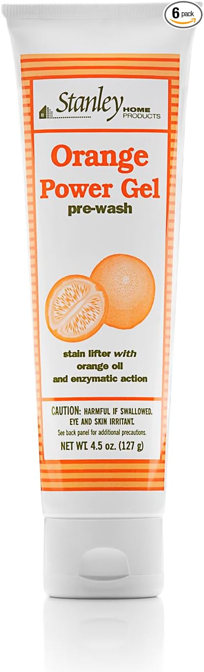 Stanley Home Products Orange Power Gel Pre Wash - Laundry Stain Remover - Spot Treat Tough Stains Works Immediately Cleans and Deodorizes Fabrics Ideal for Blood Oil Grease and More (6 Pack)