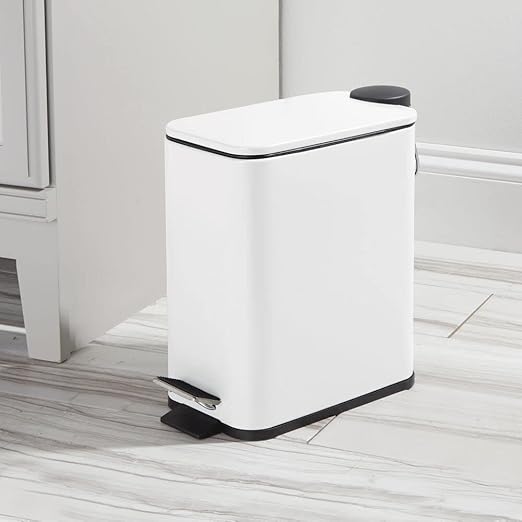 mDesign Slim Metal Rectangle 1.3 Gallon/5 Liter Trash Can with Step Pedal, Easy-Close Lid, Removable Liner - Narrow Wastebasket Garbage Container Bin for Bathroom, Bedroom, Kitchen - Matte White