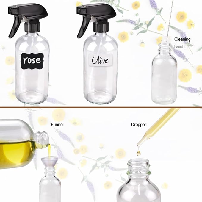 Glass Spray Bottle Kit×10 (2×16 oz, 2×4 oz, 6×2 oz), 9×10 ml Roller Bottles, Anti UV, Multi Size and Versatile, Suitable for Aromatherapy, Facial Moisturizing, Watering, etc.(Clear)