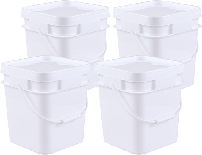 4-Pack Food Grade Bucket with Airtight Lids, Square Bucket with Plastic Handles, 3 Gallon, White