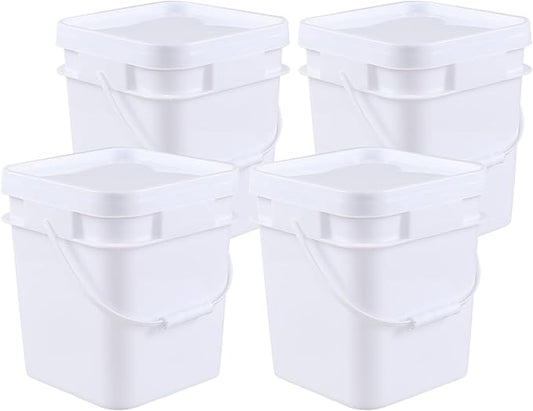 4-Pack Food Grade Bucket with Airtight Lids, Square Bucket with Plastic Handles, 3 Gallon, White