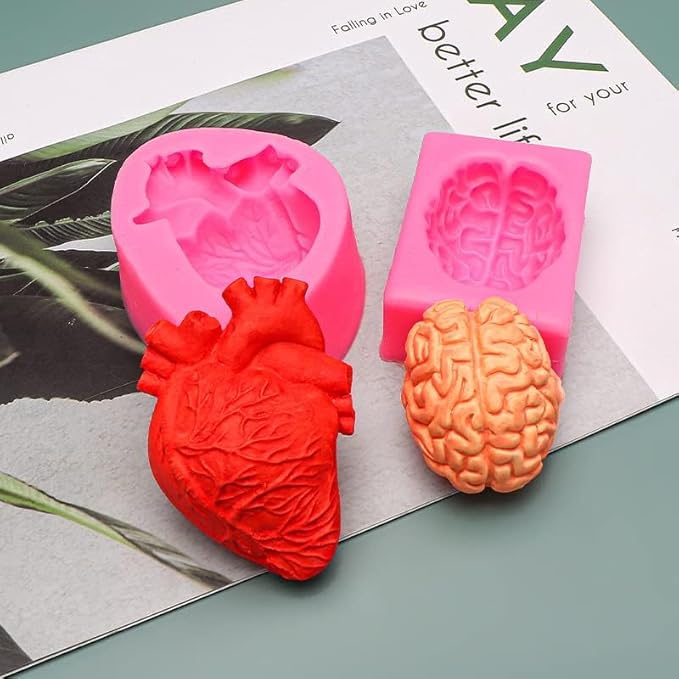 2 Pack Organ Shape Silicone Heart Brain Epoxy Resin Decoration Plaster Candle Aroma Fondant Mousse Chocolate DIY Aromatherapy Mold