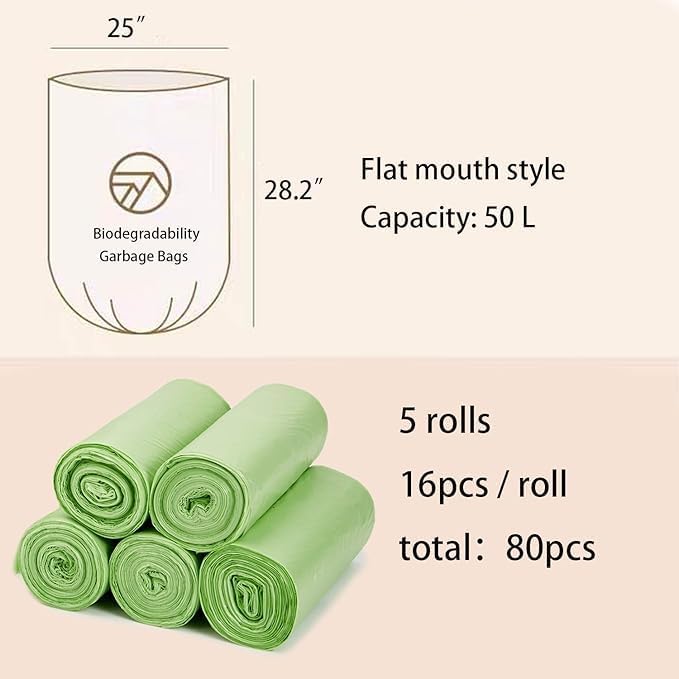 Compostable Trash Bags, 13 Gallon Green Compst Trash Bags for Home and Kitchen, 50L Capacity, 5 Pack, 80 Counts