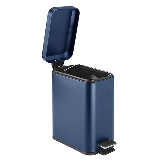 mDesign Small Modern 1.3 Gallon Rectangle Metal Lidded Step Trash Can, Compact Garbage Bin with Removable Liner Bucket and Handle for Bathroom, Kitchen, Craft Room, Office, Garage - Navy Blue