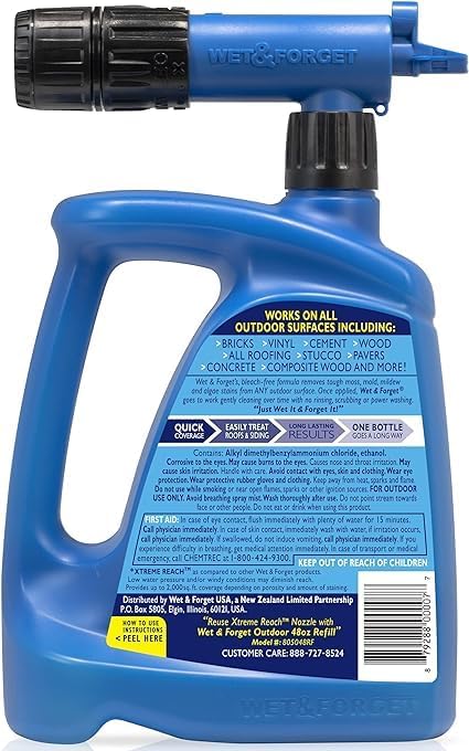 Wet & Forget Outdoor Stain Remover Multi-Surface Cleaner, Xtreme Reach Hose End with New & Improved Nozzle, 48 Fluid Ounces, 1 Pack + Refill